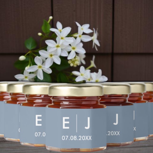Dusty Blue & White Monogram Wedding Honey Jar Favors (Creator Uploaded)