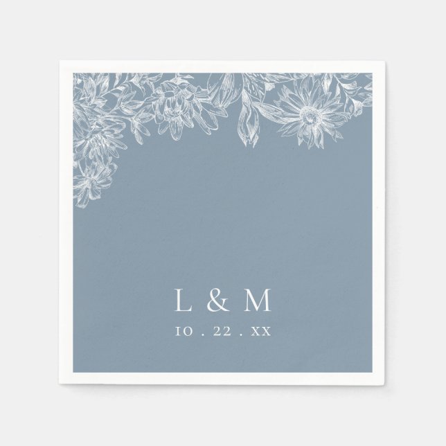 Dusty Blue White Monogram Wedding Napkins (Front)