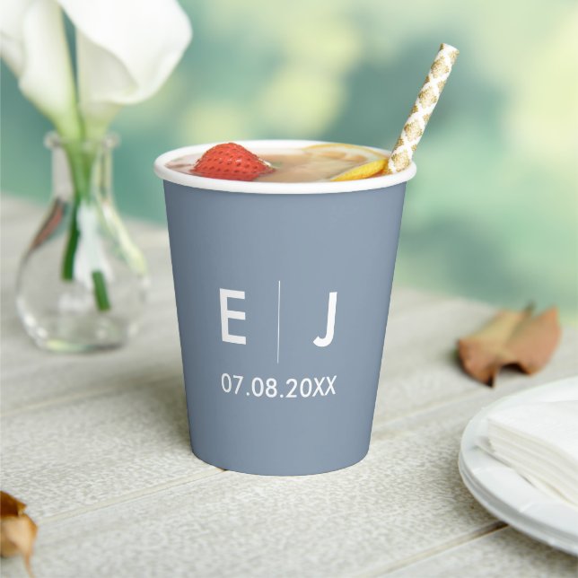 Dusty Blue & White Monogram Wedding Paper Cups (Insitu)