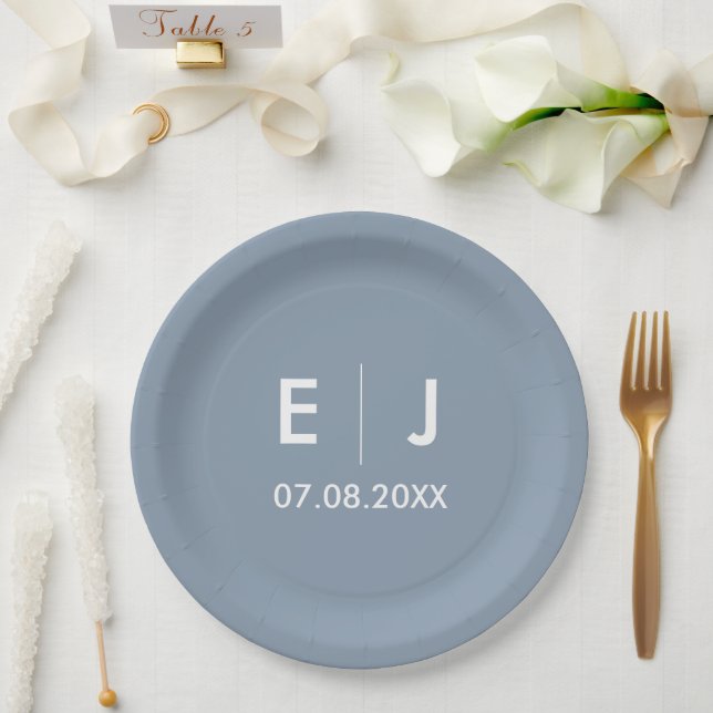 Dusty Blue & White Monogram Wedding Paper Plates (Wedding)
