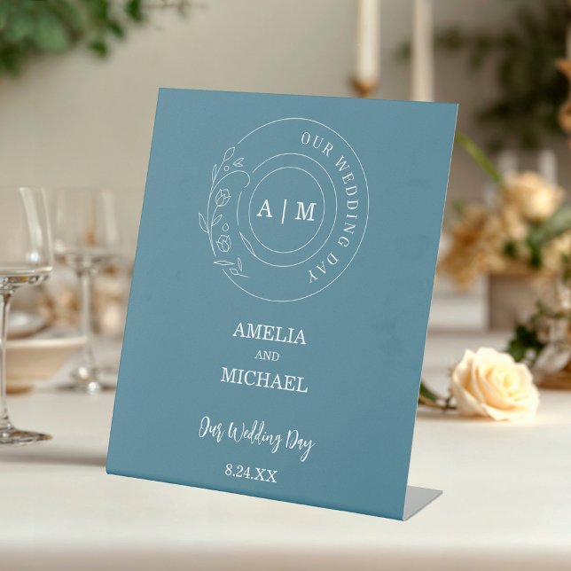 Dusty Blue & White Monogram Wedding  Pedestal Sign (Dusty Blue and White Elegant Monogram Free Standing Wedding Sign)
