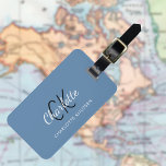 Dusty blue white monogrammed luggage tag<br><div class="desc">Dusty blue background. Personalize and add your monogram letters,  first name and full name on the front. Your contact information on the back.</div>