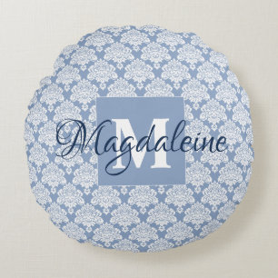 Dusty Blue & White Monogrammed Name Damask Round Pillow