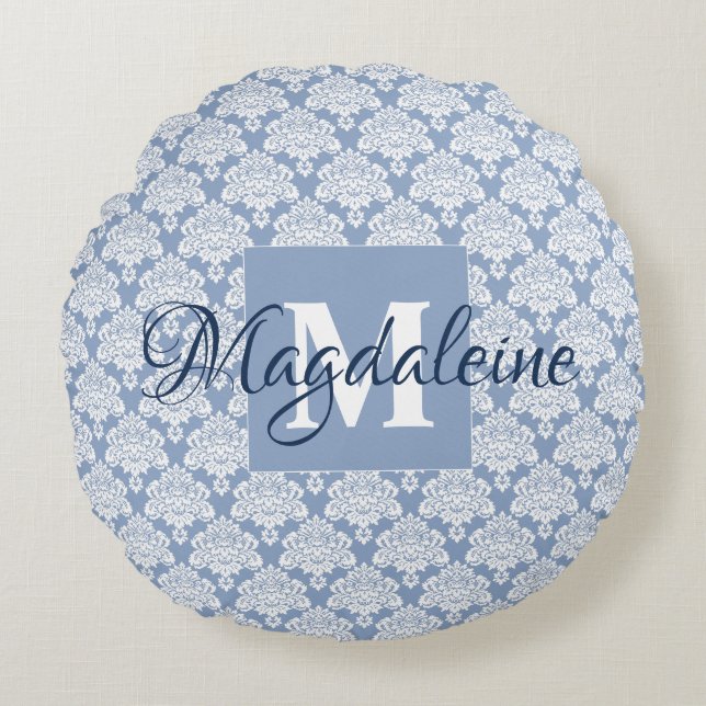 Dusty Blue & White Monogrammed Name Damask Round Pillow (Front)
