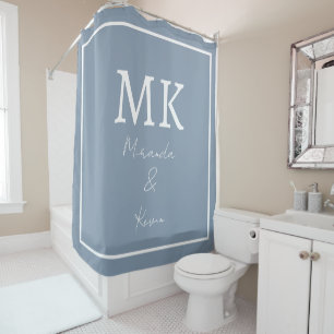 Dusty Blue White Monograms Modern Minimal Trendy Shower Curtain