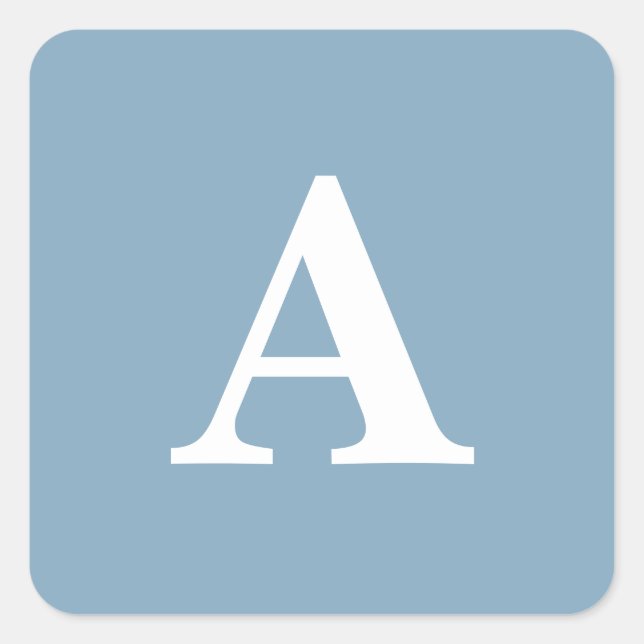 Dusty Blue White Monograms Simple Bridal Shower Square Sticker (Front)