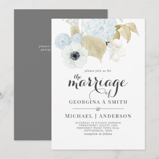 Dusty Blue White Navy Anemone BUDGET Wedding Invitation