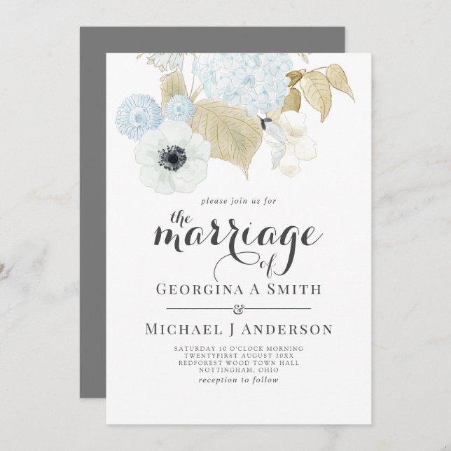 Dusty Blue White Navy Anemone BUDGET Wedding Invitation (Front/Back)