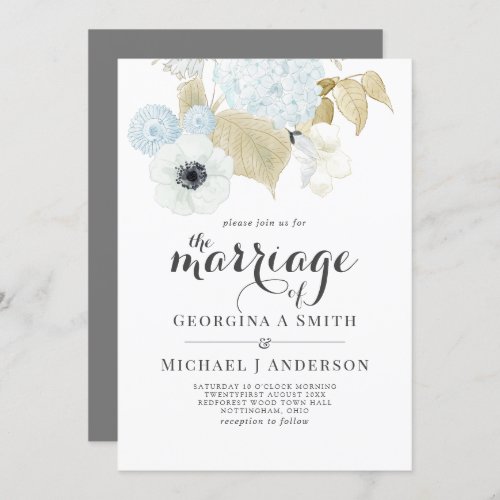 Dusty Blue White Navy Anemone BUDGET Wedding Invitation