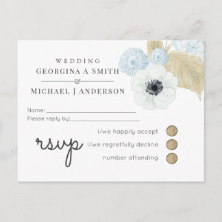 Dusty Blue White Navy Anemone BUDGET Wedding Invitation Postcard