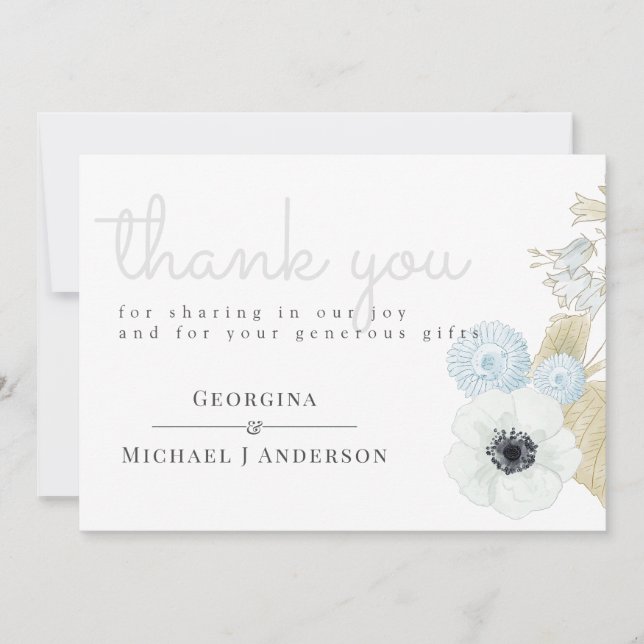 Dusty Blue White Navy Anemone BUDGET Wedding Thank You Card (Front)
