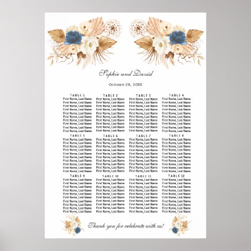 Dusty Blue White Peach Roses Wedding Seating Chart