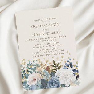 Dusty Blue White Peonies Roses Floral Gold Wedding Invitation