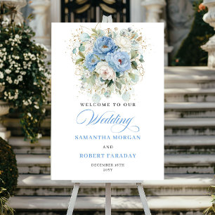 Dusty blue white peony floral gold border welcome foam board