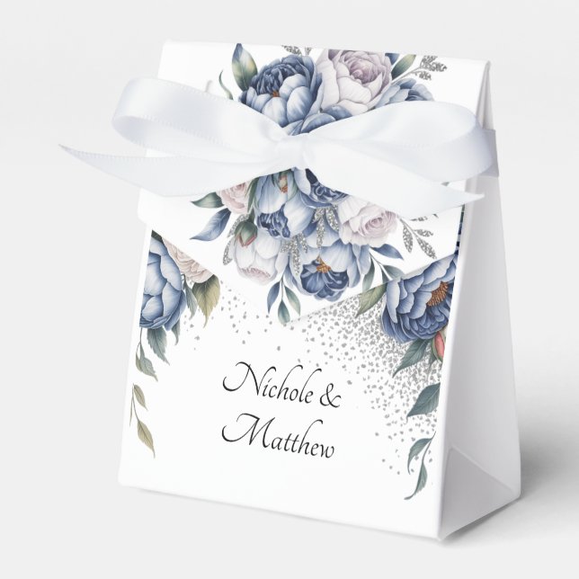 Dusty Blue & White Peony Wedding Favor Boxes (Front Side)
