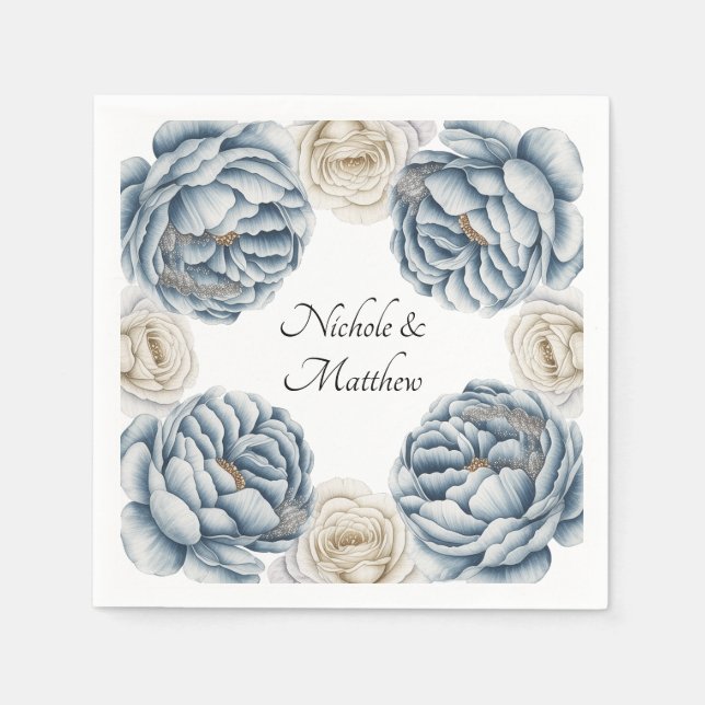 Dusty Blue & White Peony Wedding Napkins (Front)