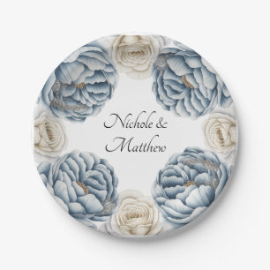 Dusty Blue & White Peony Wedding Paper Plates