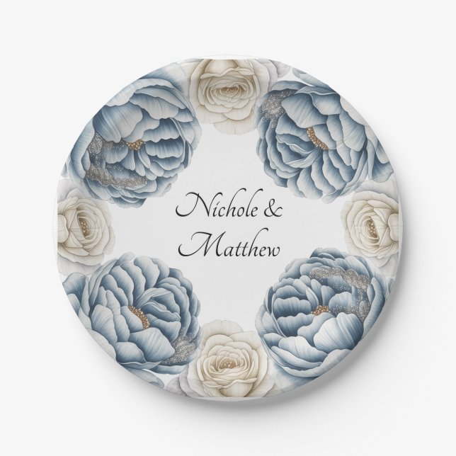 Dusty Blue & White Peony Wedding Paper Plates (Front)
