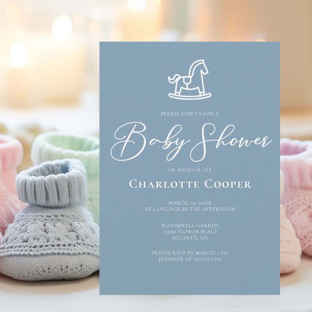 Dusty Blue White Rocking Horse Baby Shower Invitation (Creator Uploaded)