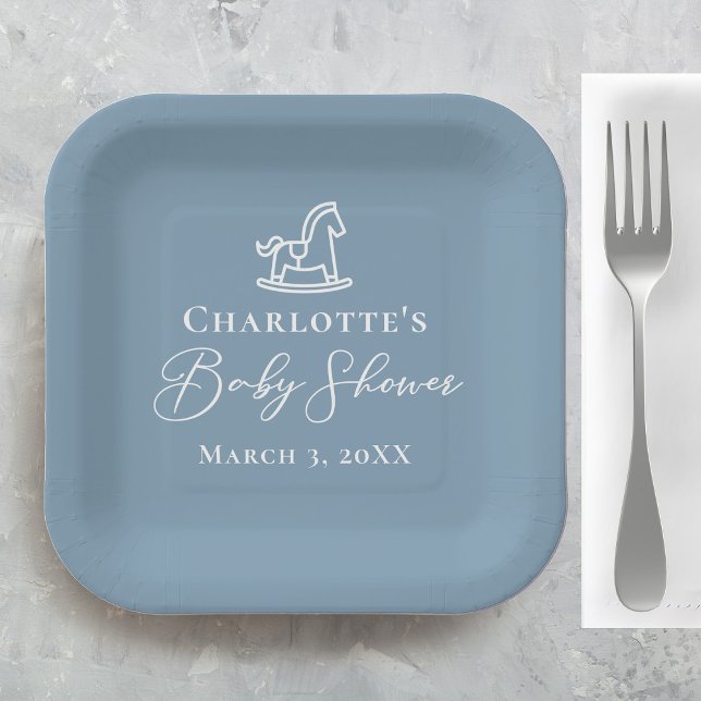 Dusty Blue White Rocking Horse Baby Shower Paper Plates (Creator Uploaded)