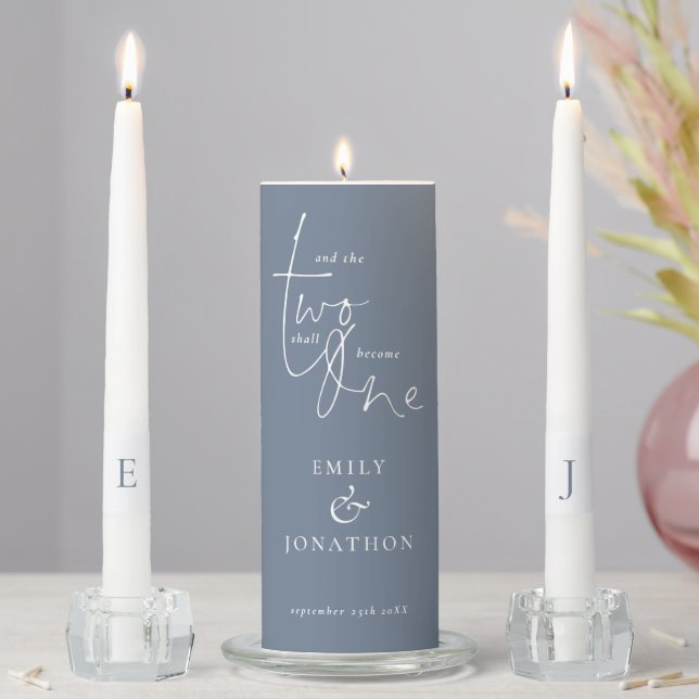 Dusty Blue White Romantic Quote Name Initials Unity Candle Set (In Situ)