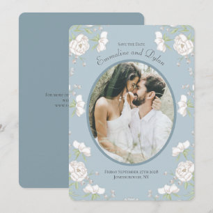Dusty Blue White Rose Wedding Photo Save the Date Invitation