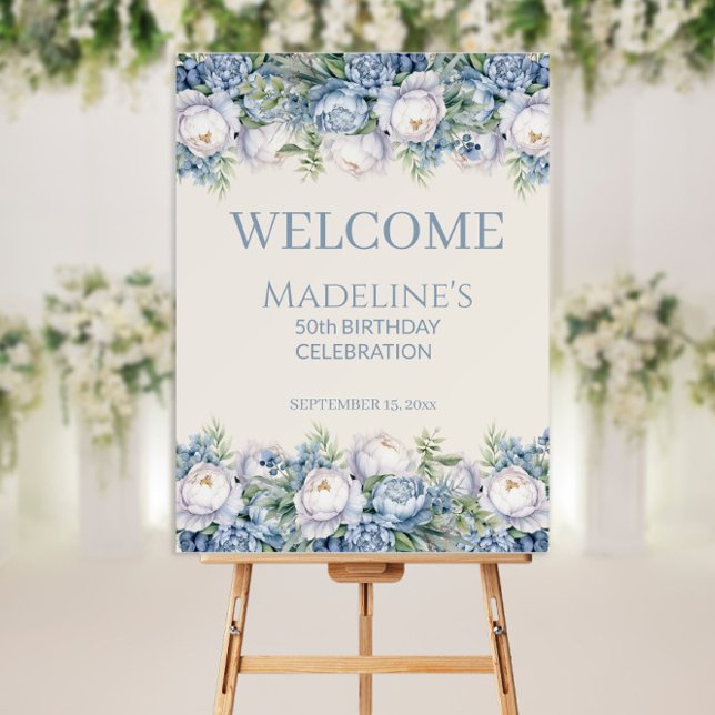 Dusty Blue White Roses 50th Birthday Foam Board (Elegant dusty blue and white roses birthday party easel sign)
