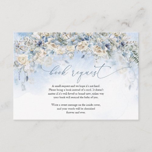 Dusty blue white roses and eucalyptus book request enclosure card