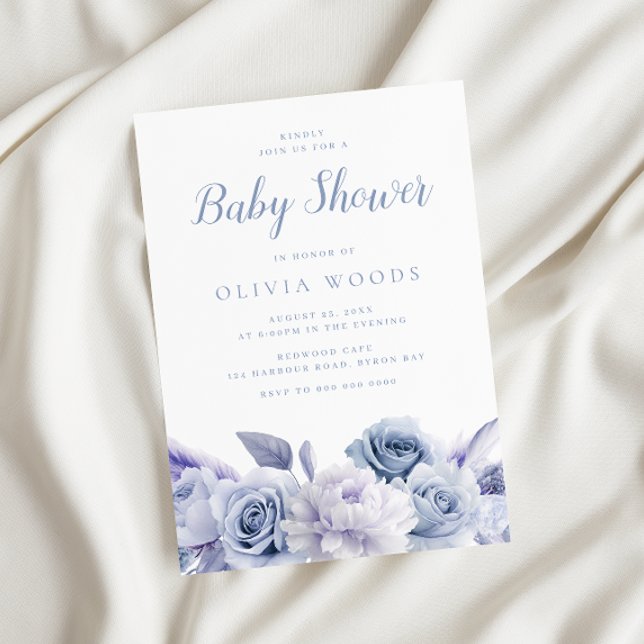 Dusty Blue & White Roses Baby Shower Invitation (Creator Uploaded)