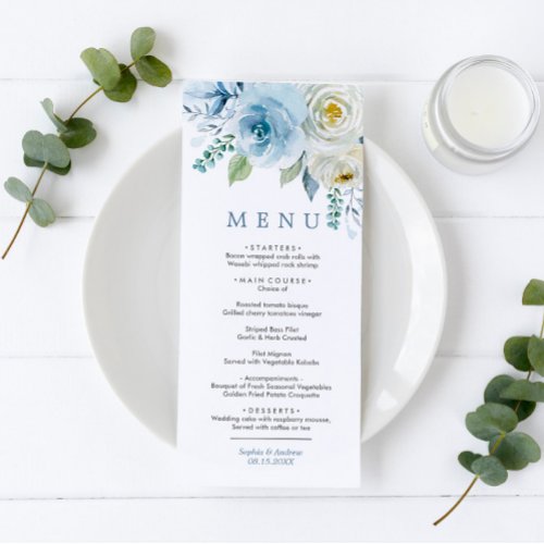 Dusty Blue  White Roses Floral Wedding Menu