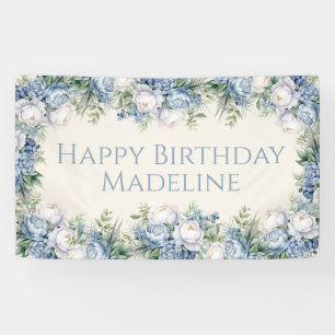 Dusty Blue White Roses Happy Birthday Banner