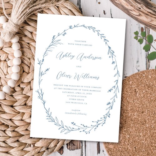 Dusty Blue White Rustic Wildflower Wreath Wedding Invitation