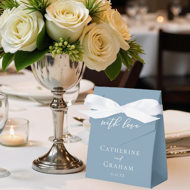 Dusty Blue White Script Custom Wedding Favor Boxes (Creator Uploaded)