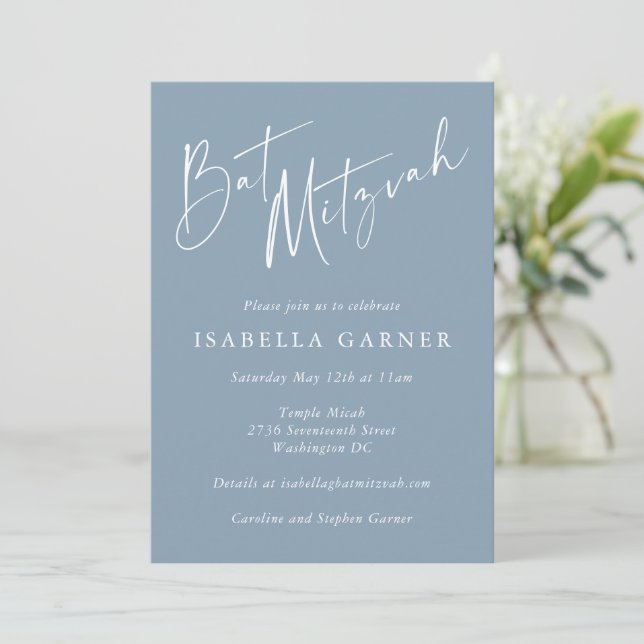 Dusty Blue White Script Modern Bat Mitzvah Girl Invitation (Standing Front)