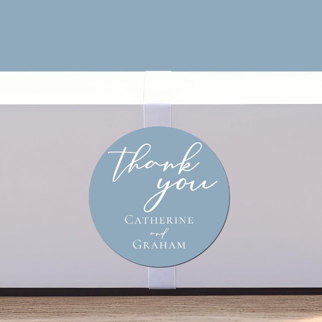 Dusty Blue White Script Personalized Wedding Classic Round Sticker (Creator Uploaded)