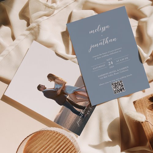 Dusty Blue  White Script Photo QR Code Wedding Invitation