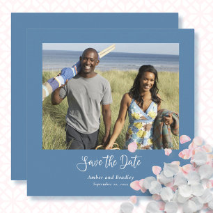 Dusty Blue White Script QR Code Save the Date Invitation