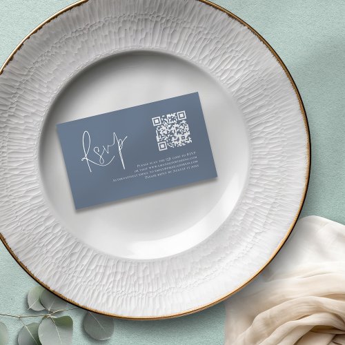 Dusty Blue White Script QR Code Wedding RSVP  Enclosure Card