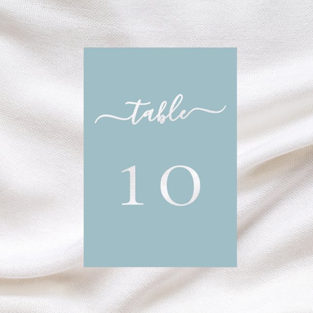 Dusty blue white script wedding table number card (Creator Uploaded)