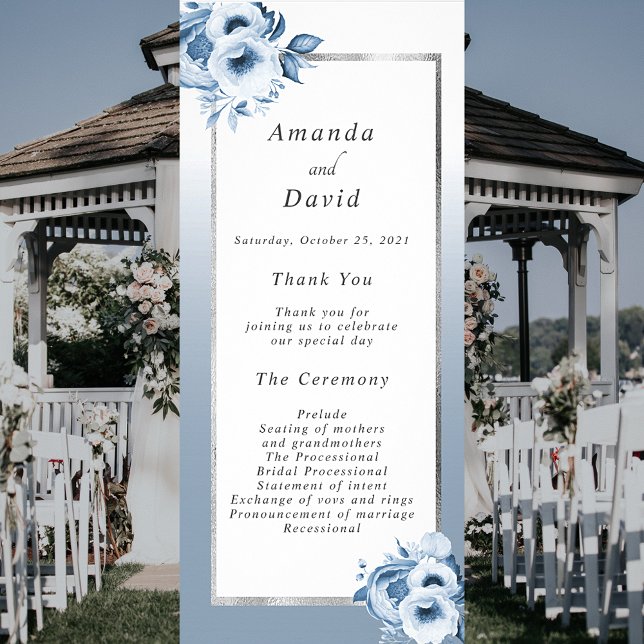 Dusty blue white silver floral wedding program (Creator Uploaded)