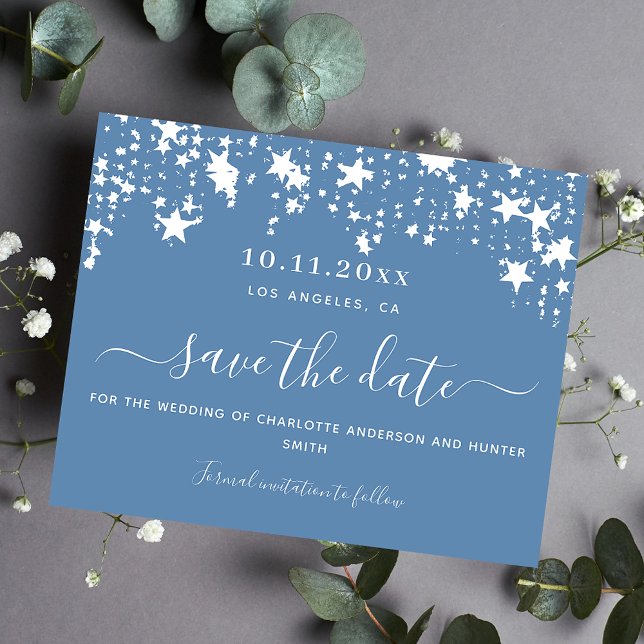 Dusty blue white star wedding budget save the date flyer (Creator Uploaded)