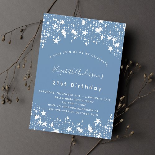 Dusty blue white stars birthday party luxury invitation