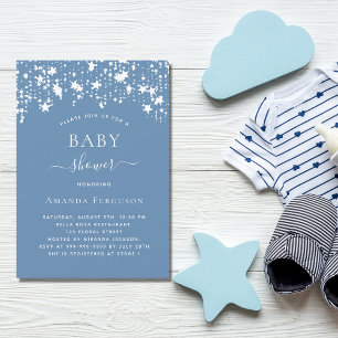Dusty blue white stars boy baby shower luxury invitation