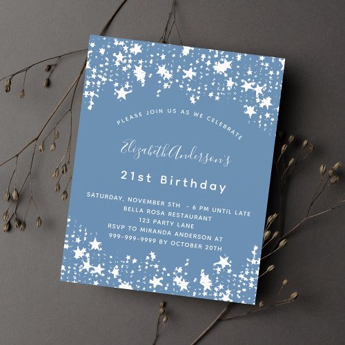 Dusty blue white stars budget birthday invitation flyer