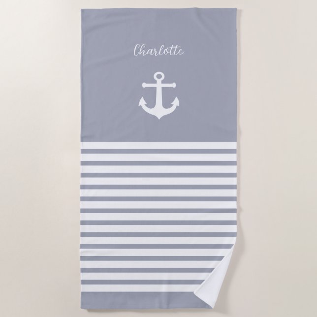 Dusty Blue White Stripes Nautical  Personalized  Beach Towel (Front)