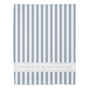 Dusty Blue & White Stripes Pattern Name Print Duvet Cover