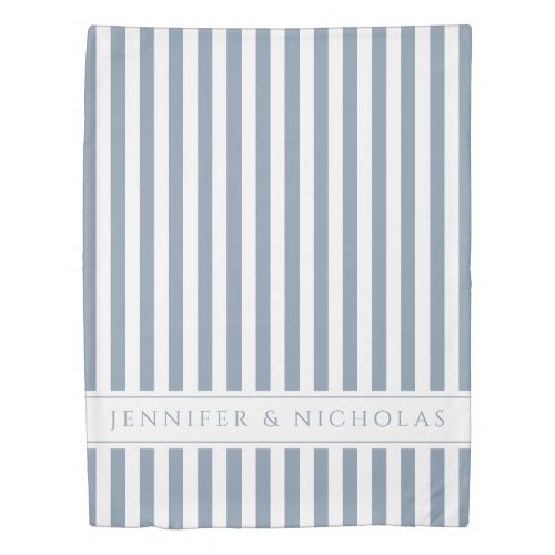 Dusty Blue  White Stripes Pattern Name Print Duvet Cover