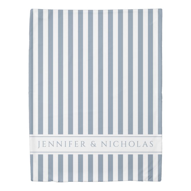 Dusty Blue & White Stripes Pattern Name Print Duvet Cover (Front)