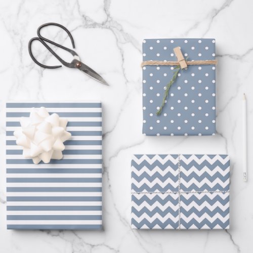 Dusty Blue  White Stripes Polka Dot Chevron  Wrapping Paper Sheets