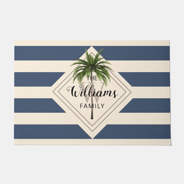 Dusty Blue White Stripes Tropical Beach Monogram Doormat (Front)